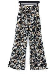 LEITH Tie Waist Wide Leg Palazzo Pant Black Grey Beige M