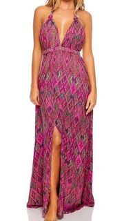 Luli Fama Vamos A Cabos Deep Plunge along Maxi Halter Dress Size Small Multicolo