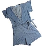 Draper James Blue Chambray Flutter Short Sleeve Wrap Front Surplice Romper XS 2