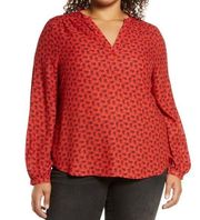 TREASURE & BOND Placket Shirred blouse shirt Top In Red Bloom Toss Deco Floral