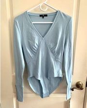 🌙 7 For All Mankind V-neck Ribbed Long Sleeve Bodysuit in Light Blue