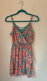 Lush faux wrap mini dress spaghetti straps teal orange floral women’s size Small