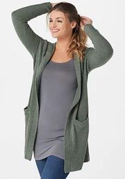 CozyChic Hooded Open Front Cardigan in Green