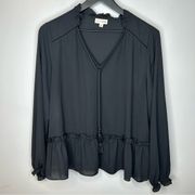 Maison Jules Womens Tassel Ties Peplum Blouse Black Size L