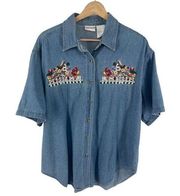 Bobbie Brooks vintage Button Down Shirt Embroidered birds Floral Denim chambray