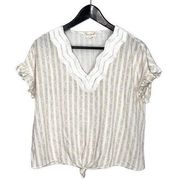 Hem & Thread Womens Striped Top Blouse V Neck Ruffle Cap Sleeve Tie Beige Small