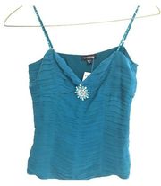 Bebe silk teal dressy top with jeweled broach