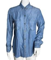 Rails Shirt Womens XS Blue Carter Button Down Dark Vintage Wash Raw Hem Chambray