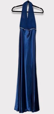 Betsy & Adam Satin Halter Gown Dress Size 12 Blue Long Sweetheart Neck Prom