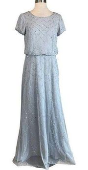 Adrianna Papell Women's Formal Dress Size 4 Blue Beaded Short Sleeve Long Gown