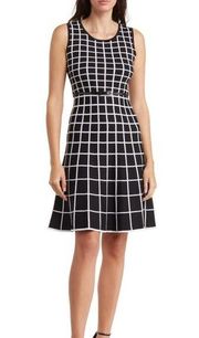 CARMEN MARC VALVO Womens L Windowpane Check Fit & Flare Dress NEW