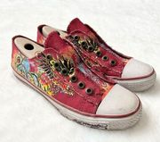 Vintage Ed Hardy Slip On Sneaker Red Dragon Print Embellishments Size 8