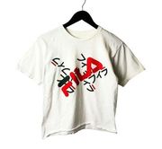 Fila T Shirt Japanese Characters Raw Hem Crop Top Graphic Tee Short Sleeve Small