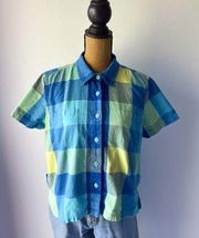 90s Blue Christopher & Banks Plaid Checkered Short Sleeve Button Up Top Size XL