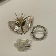 Lot Of 3 Women’s Brooch Pins - Butterfly, Dove Bird, Circle