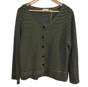 Habitat Green Striped Cardigan L Scoop Neck Button Front Long Sleeve Contrast