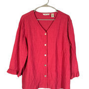 Orvis Dark Pink Button Down V-Neck Long Sleeve Textured Knit Blouse Women Sz L