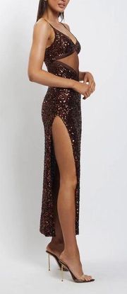 Mesh Cut Out Sequin Maxi Dress - Chocolate Brown