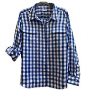 Isaac Mizrahi Live Blue White Gingham Print Roll Tab Sleeve Button Shirt Size 16