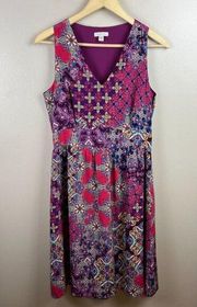 Garnet Hill Silk Fit and Flare Dress Size 6 Purple Mixed Print Sleeveless Brunch