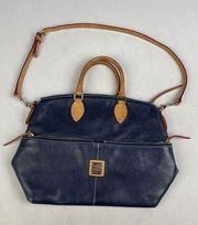 Dooney And Bourke Dillen Double Pocket Satchel Navy Brown Gold Zippers