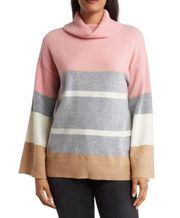 H HALSTON Womens L Stripe Cowl Neck Sweater in Pink Combo NEW