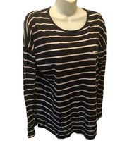 Vince Linen Long Sleeve Tee With Pocket Sz. M Casual Lightweight Black/White