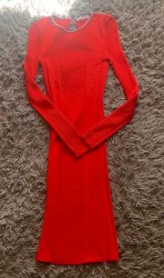 Red ribbed bodycon long-sleeved beaded neckline mini dress xs