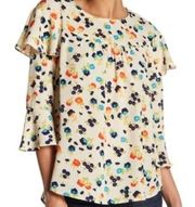 Pleione Floral Blouse‎ Womens Small Multi-Color Double Ruffle Sleeve Pleats EUC