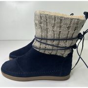 TOMS Nepal Boots Blue Suede Cable Knit Sherpa Lined Pull On Tie Accent Women's 8