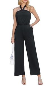 Grace Karin Jumpsuit Womens L Black Halter Romper Pocket Wide Leg High Waist B3