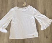 MK white T with ruffle hem sleeve .