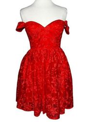 MANIJU EMBROIDERED Lace Overlay Sweetheart Neck Fit & Flare Party Dress Red