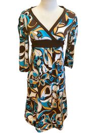 70s Psychedelic Vixen Disco Dress Faux Wrap Blue Brown Gold M Halloween Costume 