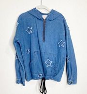 paper crane blue denim zipper star pullover jacket size small