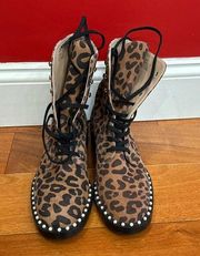 Stuart Weitzman Sondra Leopard Cheetah Suede Leather Combat Boots US 6.5 - EU 37