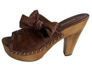 Heels Platform Clogs Open Toe Brown Leather Studded Bow Women's 40 9.5