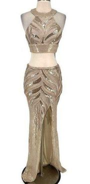 Banjul Sequin Halter Two Piece Prom Maxi Gown Gold Beige Size Large NWT