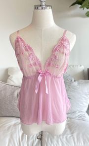 Pink Y2K Sheer Sequin Baby Doll Tank Top Size XL