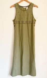 White Stag Embroidered Linen Sleeveless Midi Dress Green Size S