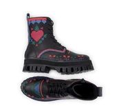 FARM RIO Black Embroidered Heart Mid Combat Boots