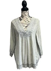 Rachel ZOE Women Crochet Embroidered Boho Tunic Blouse 100% Cotton Size S