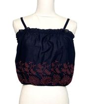 NWT Navy Blue Chambray Red Embroidered Floral Ruched Crop Top Tank New