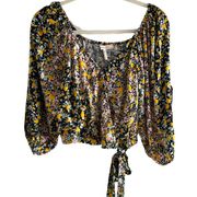 NWOT Black Floral Crop Wrap Top w Tie