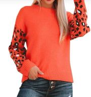 Anthropologie THML Orange Cheetah Sleeved  Sweater Crewneck Large Pullover