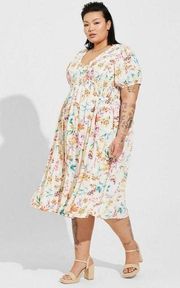 Torrid Sz 2 2X Plus Size Ivory Floral Print V Neck Smocked Midi Swiss Dot Dress