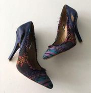 Joe’s Aztec fabric 3” heel pumps leather sole Frayed Fringed Womens Size…