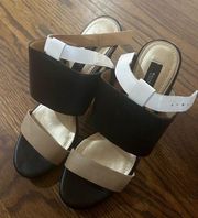 WHITE HOUSE BLACK MARKET  LEATHER  STRAPPY ANKLE WRAP SANDAL WEDGE HEELS 7.5