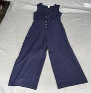 a new day Navy Blue V Neck Button Up Wide Leg Cropped Jumpsuit Size XSMALL EUC