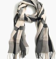 J Crew Gray Ivory Large Classic Plaid Fringe Scarf